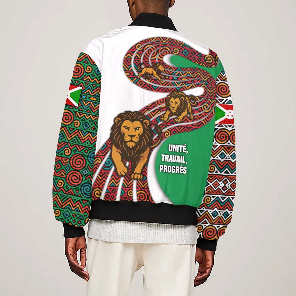 Burundi Lion Tribal Pattern Sleeve Zip Bomber Jacket - National Motto Unité Travail Progrès