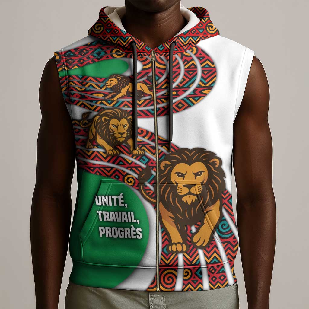 Burundi Lion Tribal Pattern Sleeveless Zip Hoodie - National Motto Unité Travail Progrès - African Pride
