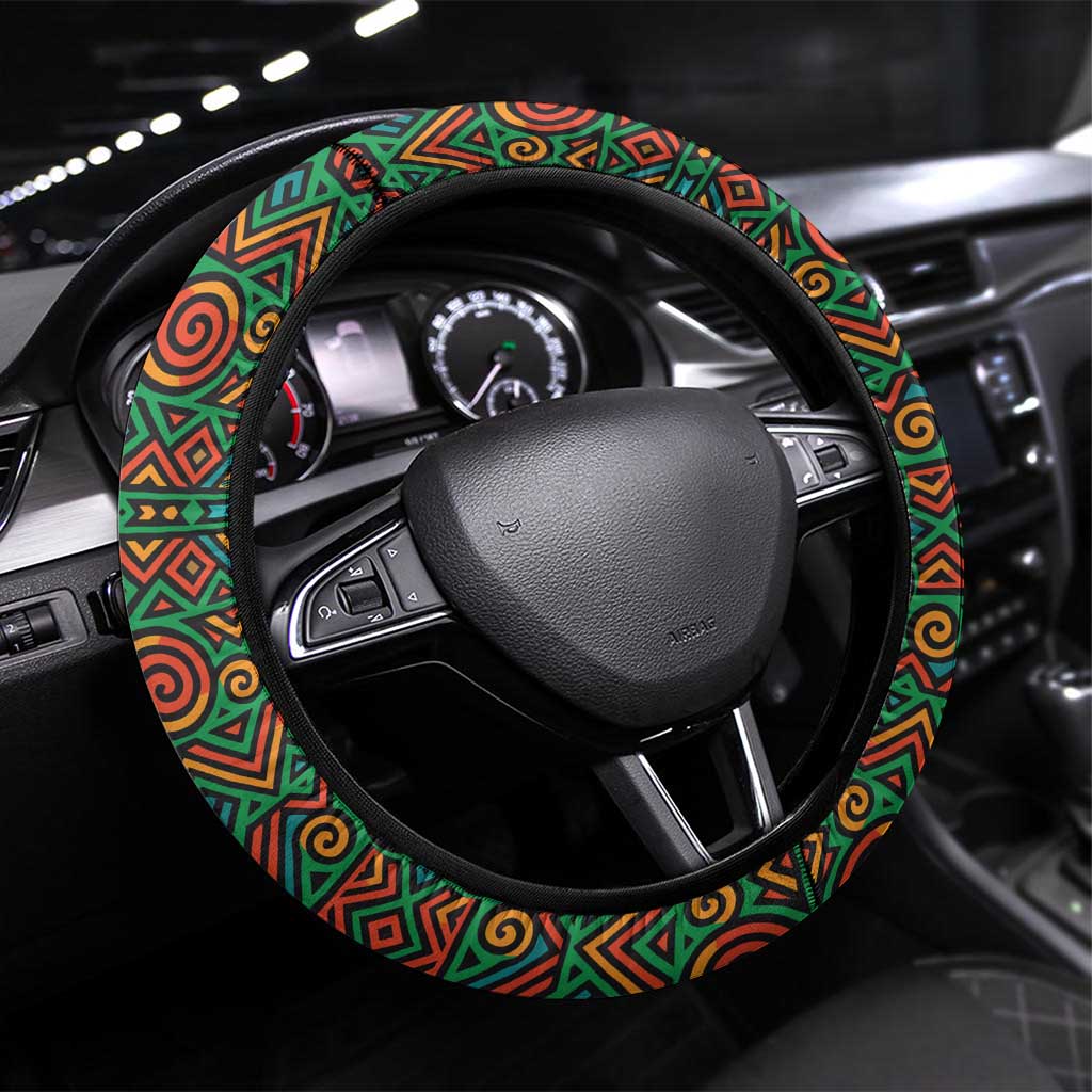 Burundi Lion Tribal Pattern Steering Wheel Cover - National Motto Unité Travail Progrès