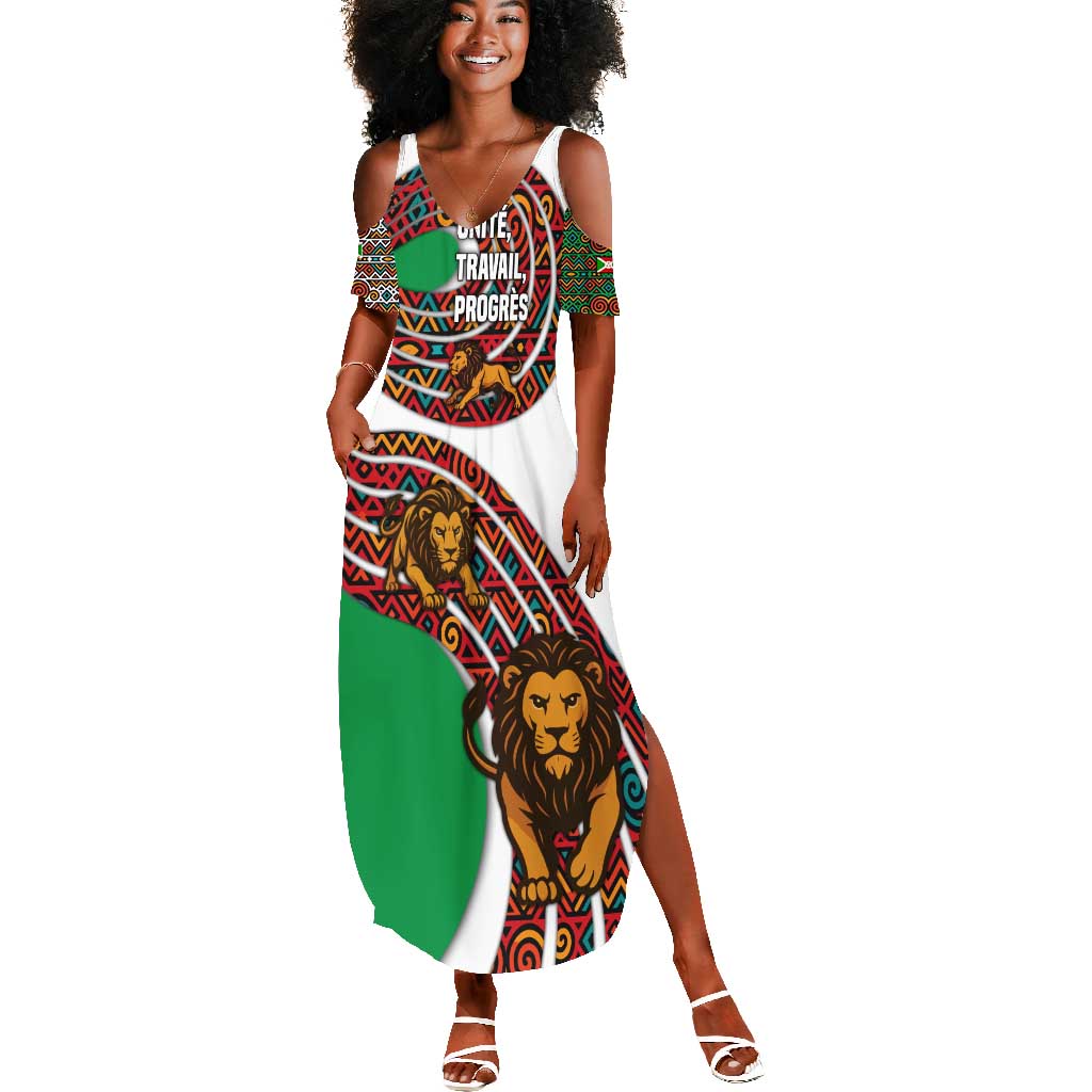 Burundi Lion Tribal Pattern Summer Maxi Dress - National Motto Unité Travail Progrès