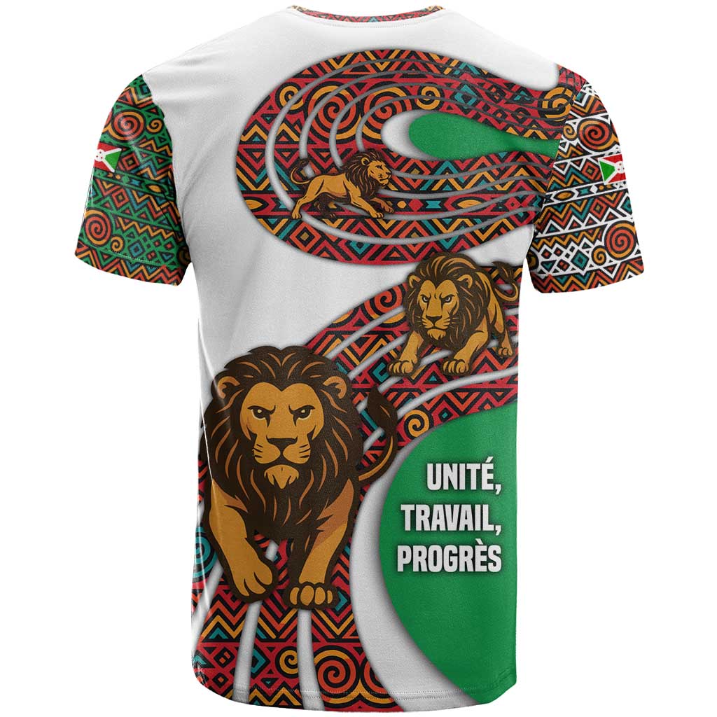 Burundi Lion Tribal Pattern T shirt - National Motto Unité Travail Progrès