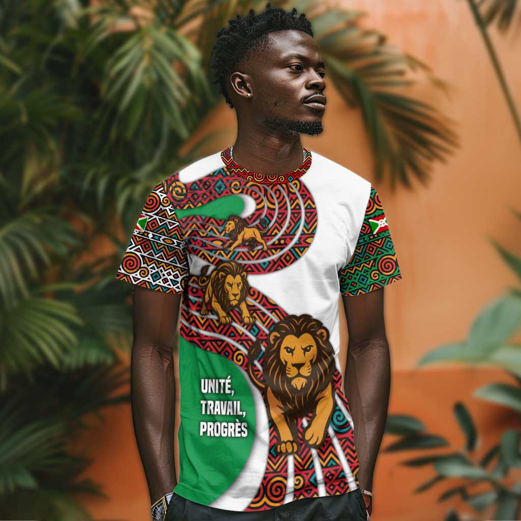 Burundi Lion Tribal Pattern T shirt - National Motto Unité Travail Progrès