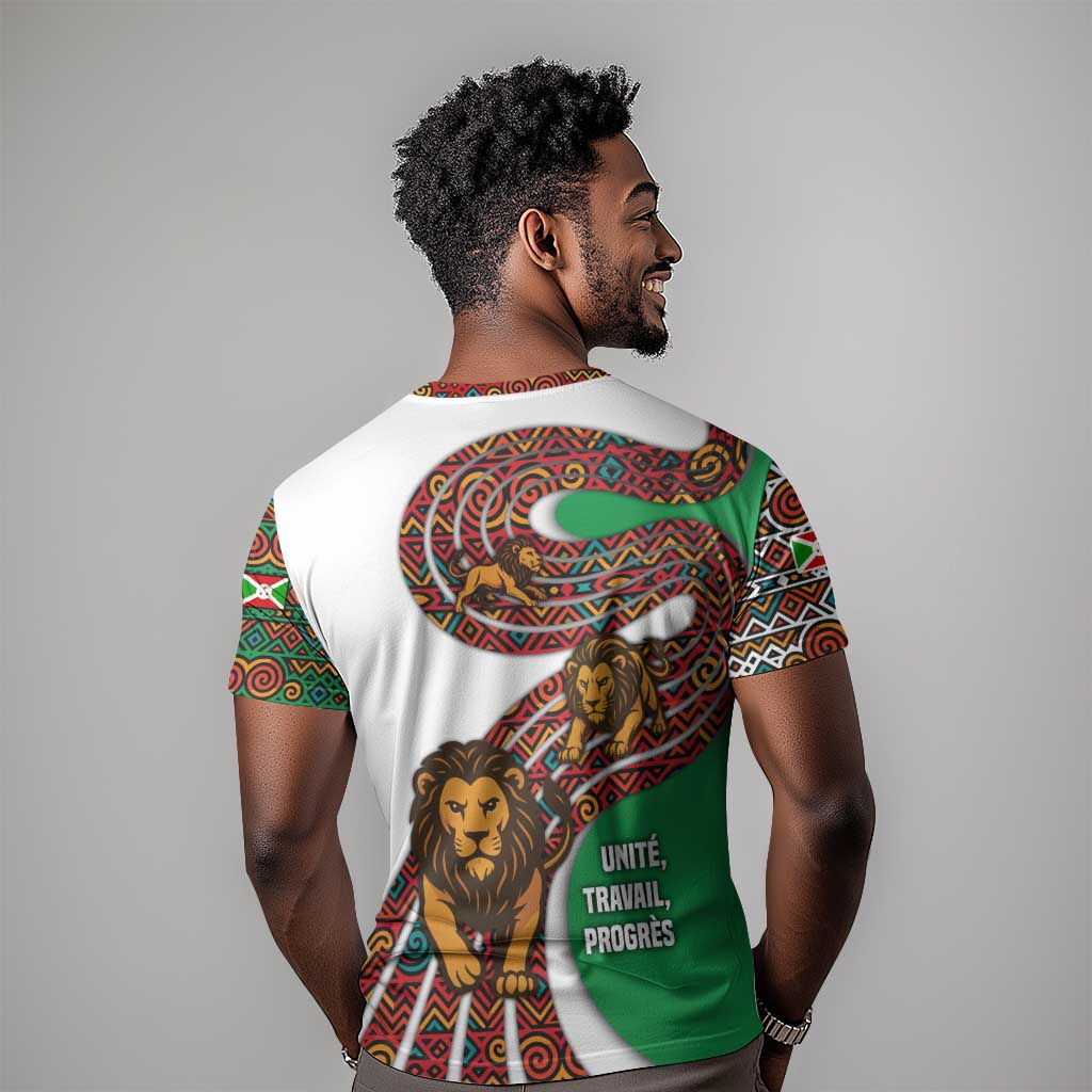 Burundi Lion Tribal Pattern T shirt - National Motto Unité Travail Progrès