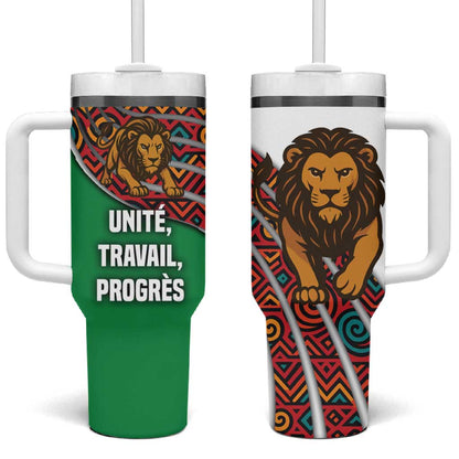 Burundi Lion Tribal Pattern Tumbler With Handle - National Motto Unité Travail Progrès
