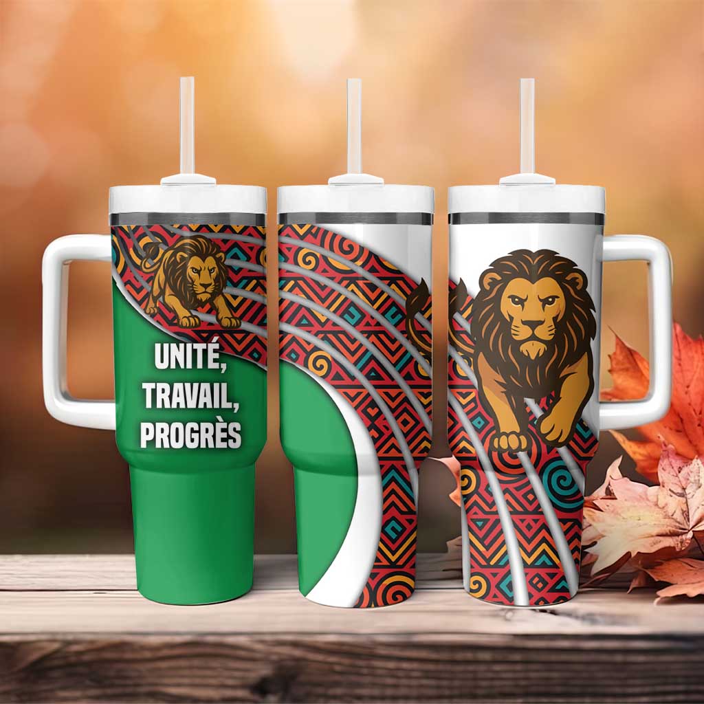 Burundi Lion Tribal Pattern Tumbler With Handle - National Motto Unité Travail Progrès