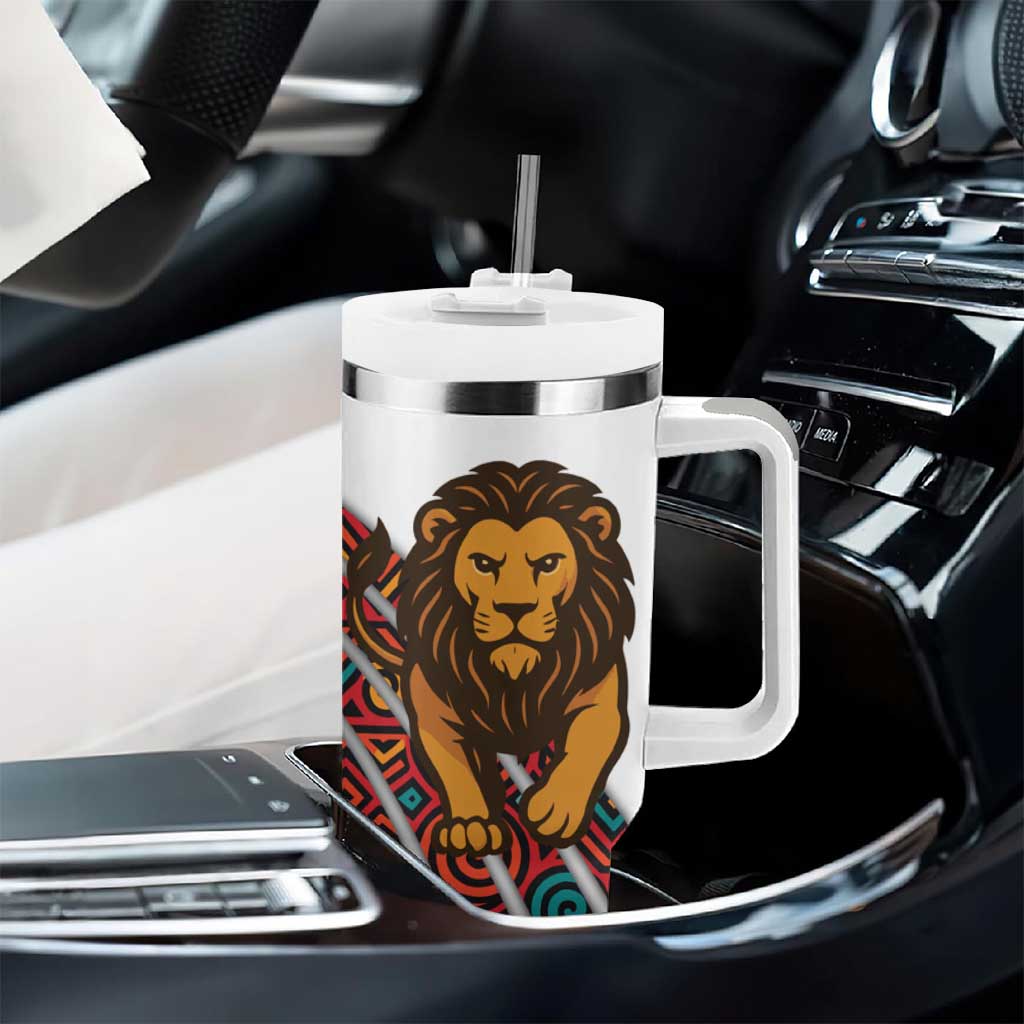Burundi Lion Tribal Pattern Tumbler With Handle - National Motto Unité Travail Progrès