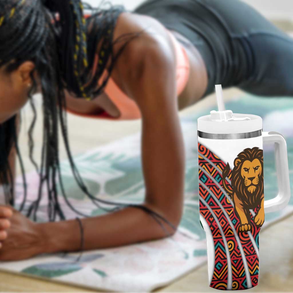 Burundi Lion Tribal Pattern Tumbler With Handle - National Motto Unité Travail Progrès