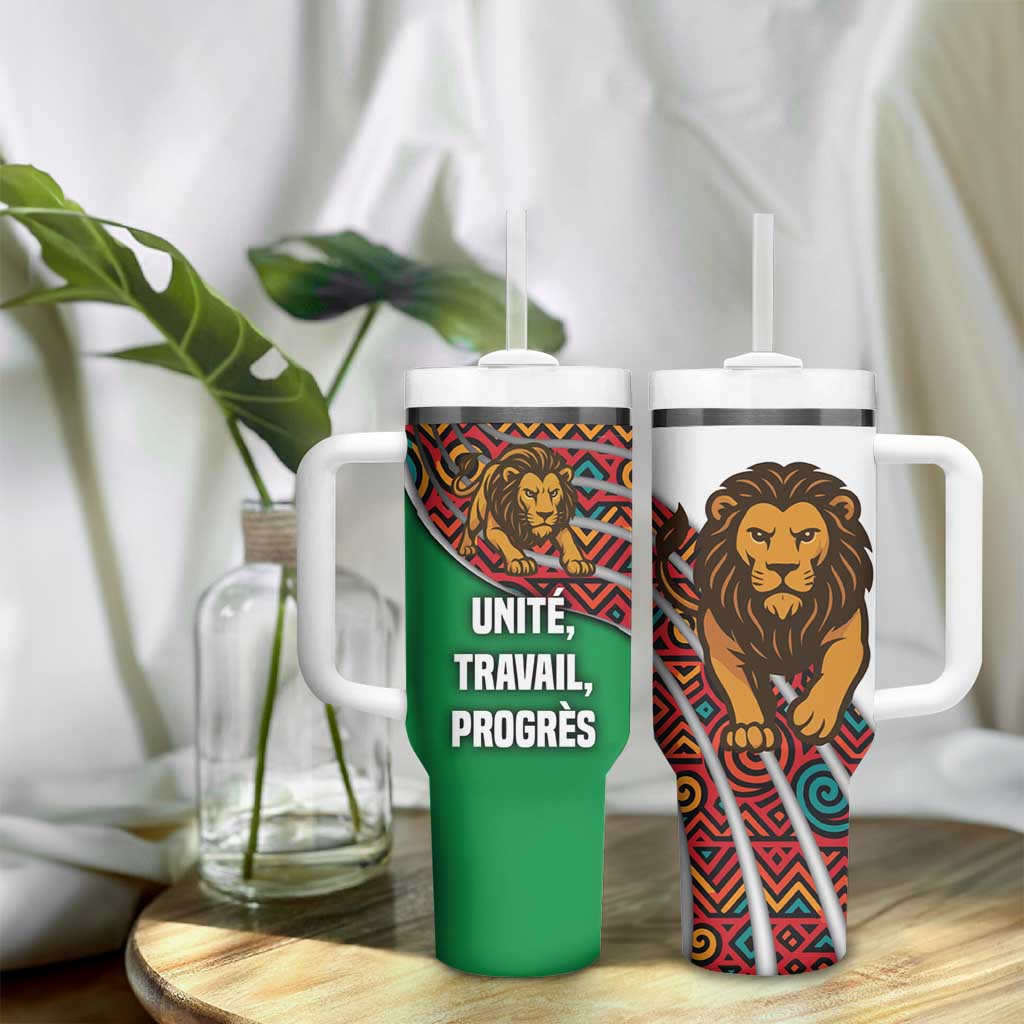 Burundi Lion Tribal Pattern Tumbler With Handle - National Motto Unité Travail Progrès