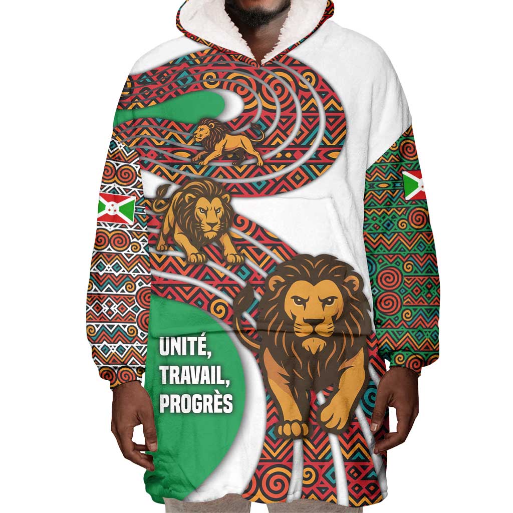 Burundi Lion Tribal Pattern Wearable Blanket Hoodie - National Motto Unité Travail Progrès