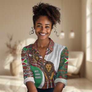 Burundi Lion Tribal Pattern Women Casual Shirt - National Motto Unité Travail Progrès