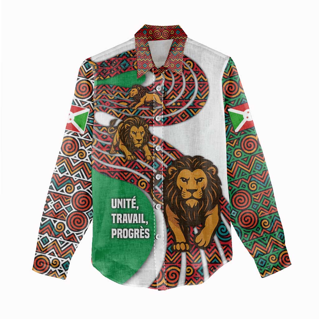 Burundi Lion Tribal Pattern Women Casual Shirt - National Motto Unité Travail Progrès