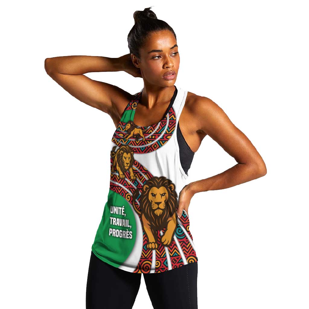 Burundi Lion Tribal Pattern Women Racerback Tank - National Motto Unité Travail Progrès