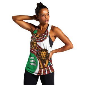 Burundi Lion Tribal Pattern Women Racerback Tank - National Motto Unité Travail Progrès