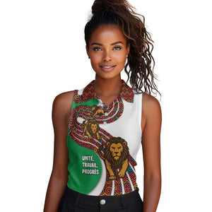 Burundi Lion Tribal Pattern Women Sleeveless Polo Shirt - National Motto Unité Travail Progrès