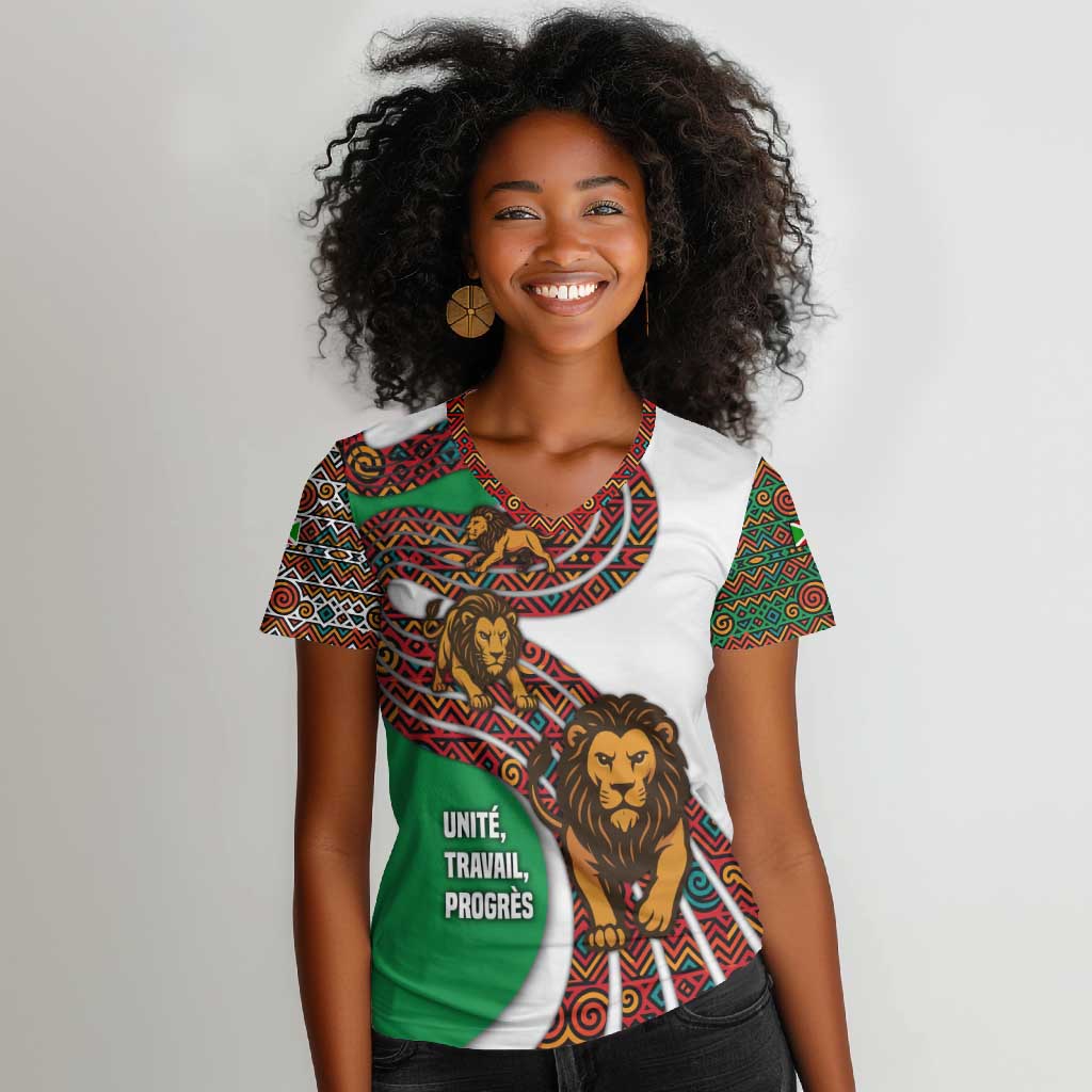 Burundi Lion Tribal Pattern Women V-Neck T-Shirt - National Motto Unité Travail Progrès