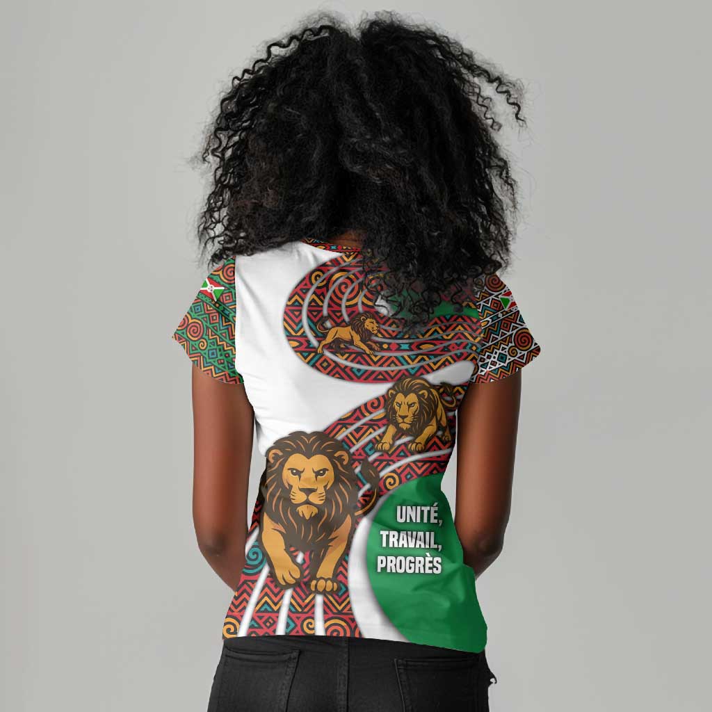 Burundi Lion Tribal Pattern Women V-Neck T-Shirt - National Motto Unité Travail Progrès
