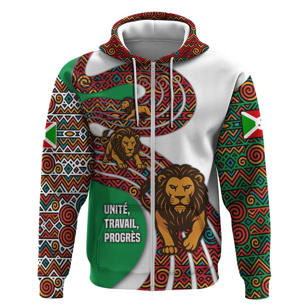 Burundi Lion Tribal Pattern Zip Hoodie - National Motto Unité Travail Progrès