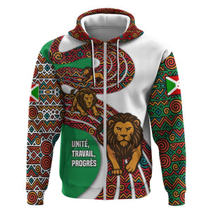 Burundi Lion Tribal Pattern Zip Hoodie - National Motto Unité Travail Progrès