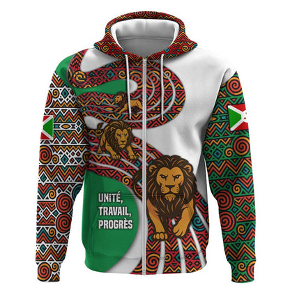 Burundi Lion Tribal Pattern Zip Hoodie - National Motto Unité Travail Progrès