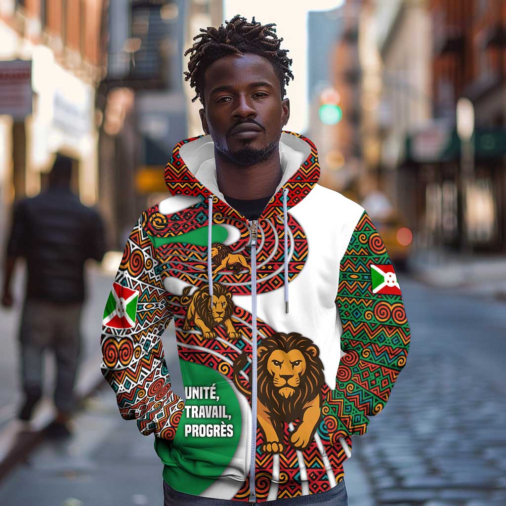 Burundi Lion Tribal Pattern Zip Hoodie - National Motto Unité Travail Progrès