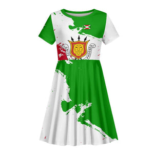 Burundi Flag Kid Short Sleeve Dress with National Emblem and Motto Unité Travail Progres