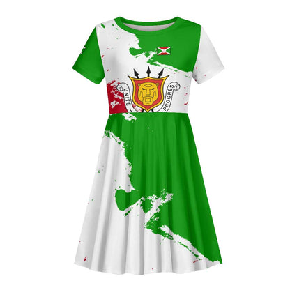 Burundi Flag Kid Short Sleeve Dress with National Emblem and Motto Unité Travail Progres