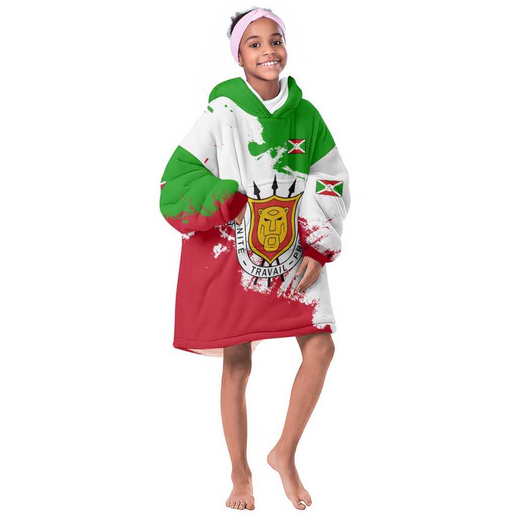 Burundi Flag Kid Wearable Blanket Hoodie with National Emblem and Motto Unité Travail Progres