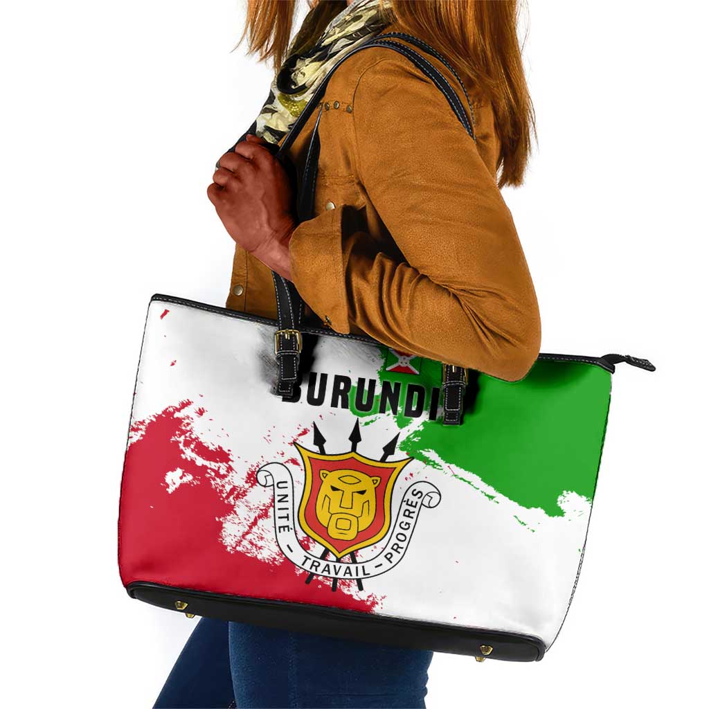 Burundi Flag Leather Tote Bag with National Emblem and Motto Unité Travail Progres