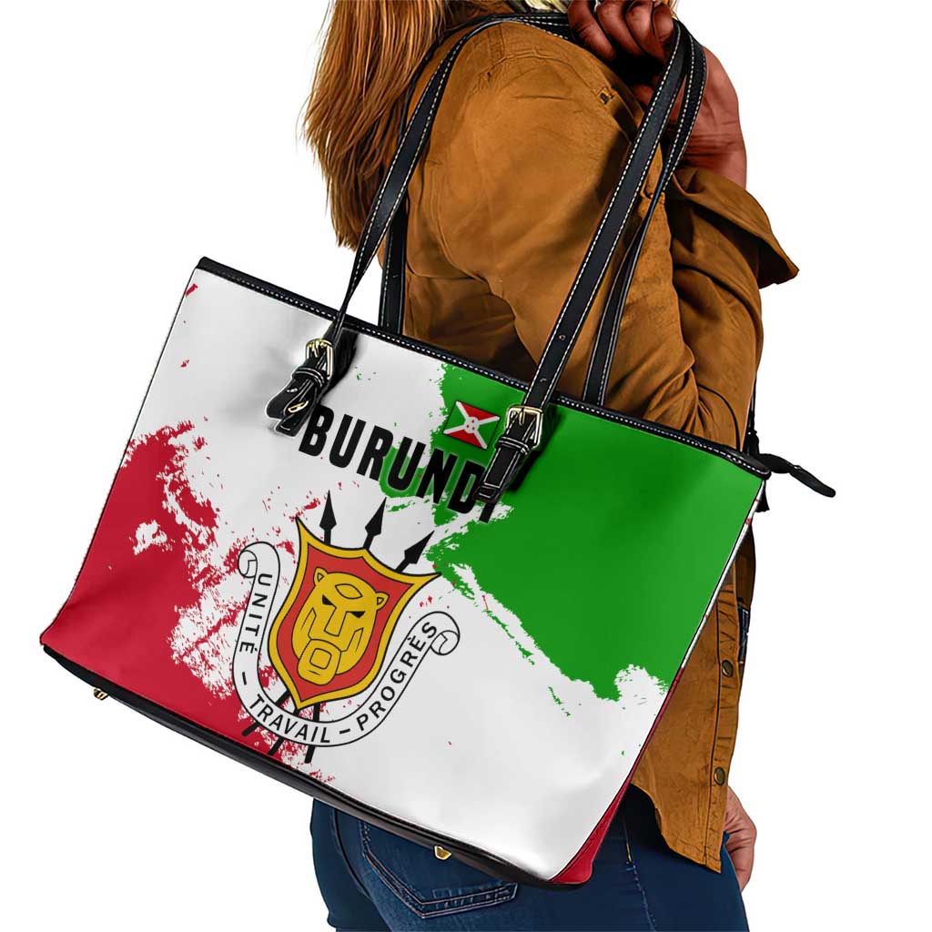 Burundi Flag Leather Tote Bag with National Emblem and Motto Unité Travail Progres