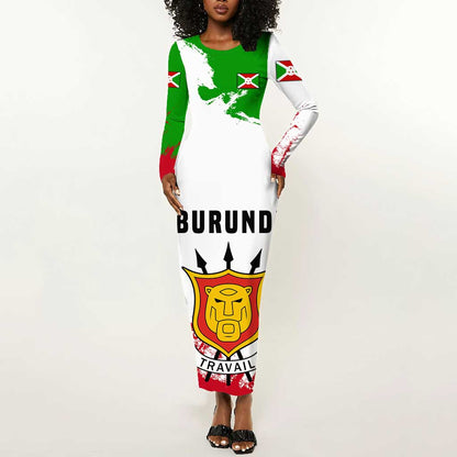 Burundi Flag Long Sleeve Bodycon Dress with National Emblem and Motto Unité Travail Progres