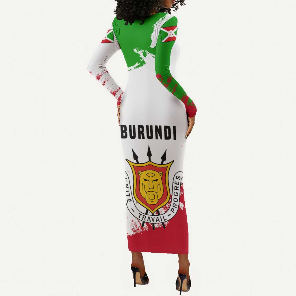 Burundi Flag Long Sleeve Bodycon Dress with National Emblem and Motto Unité Travail Progres