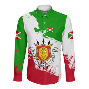 Burundi Flag Long Sleeve Button Shirt with National Emblem and Motto Unité Travail Progres