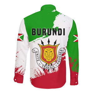 Burundi Flag Long Sleeve Button Shirt with National Emblem and Motto Unité Travail Progres