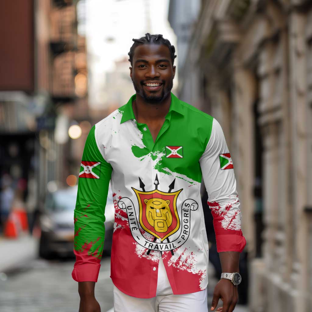 Burundi Flag Long Sleeve Button Shirt with National Emblem and Motto Unité Travail Progres