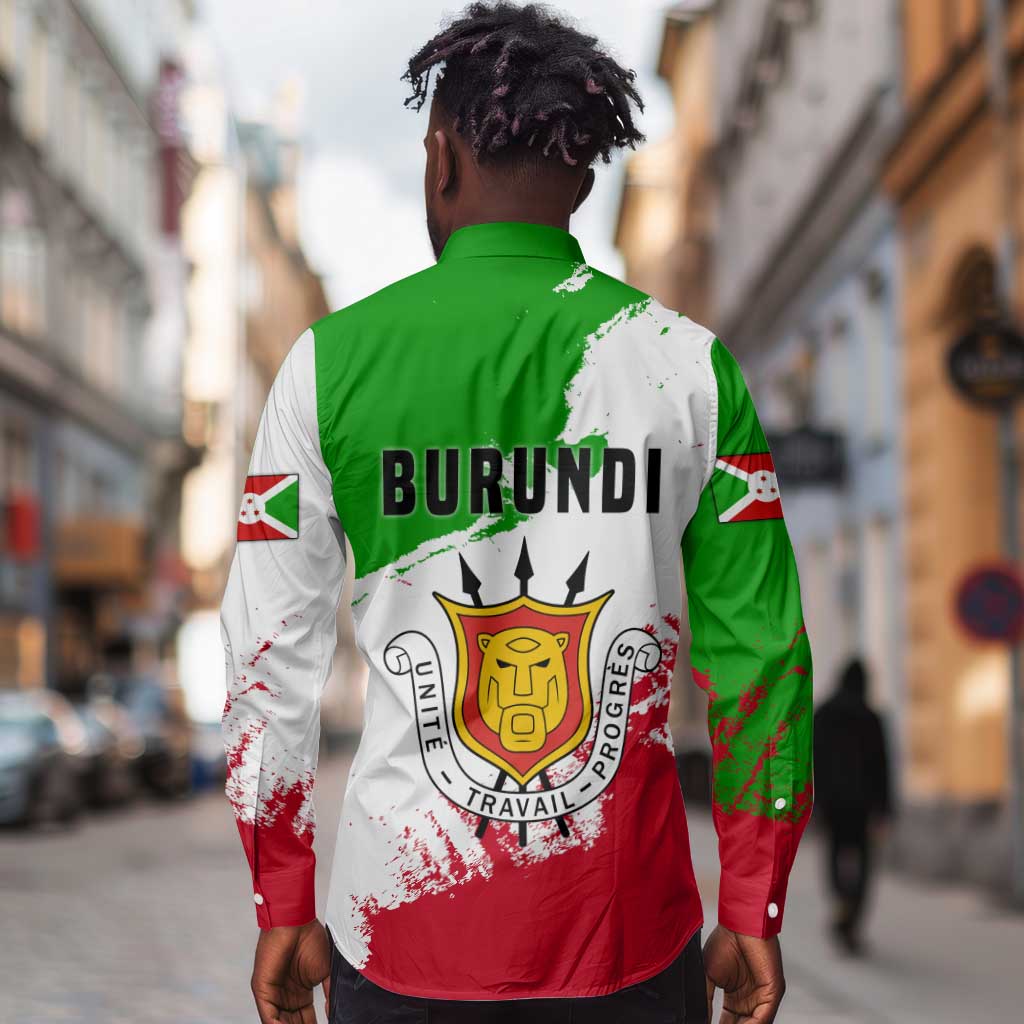 Burundi Flag Long Sleeve Button Shirt with National Emblem and Motto Unité Travail Progres