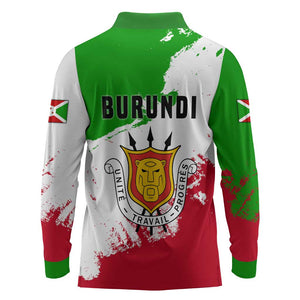Burundi Flag Long Sleeve Polo Shirt with National Emblem and Motto Unité Travail Progres
