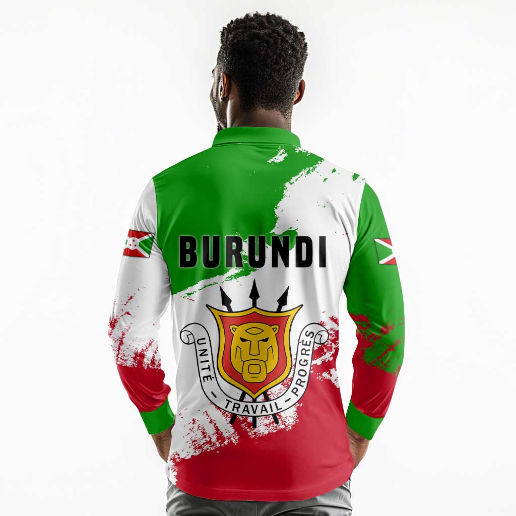 Burundi Flag Long Sleeve Polo Shirt with National Emblem and Motto Unité Travail Progres