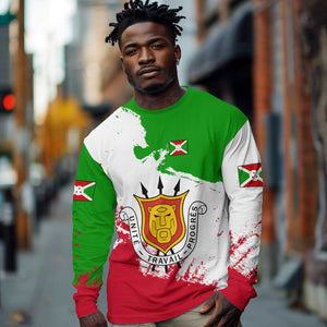 Burundi Flag Long Sleeve Shirt with National Emblem and Motto Unité Travail Progres
