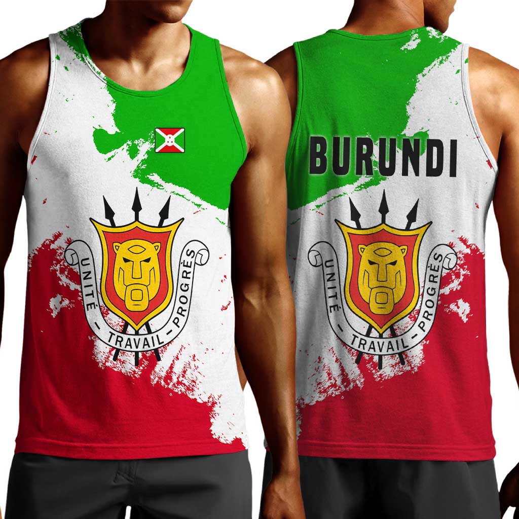 Burundi Flag Men Tank Top with National Emblem and Motto Unité Travail Progres