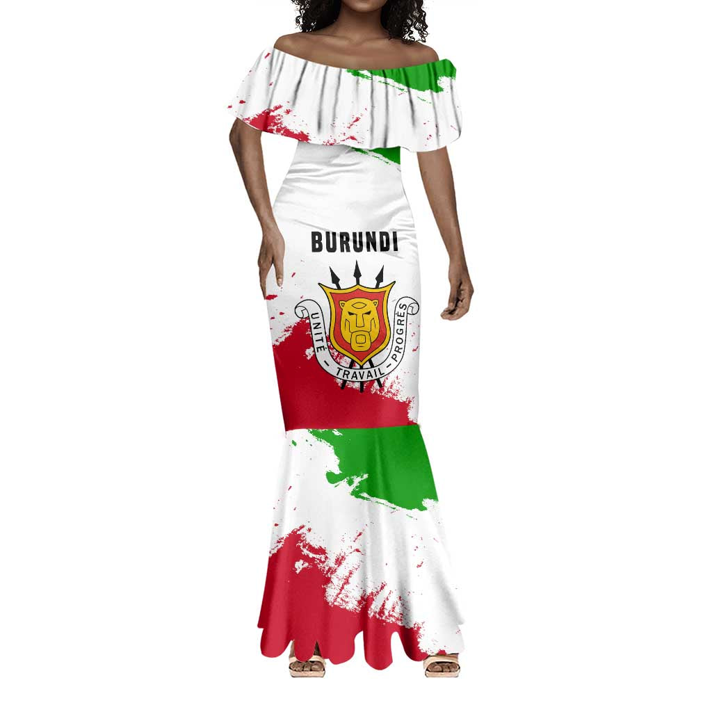 Burundi Flag Mermaid Dress with National Emblem and Motto Unité Travail Progres