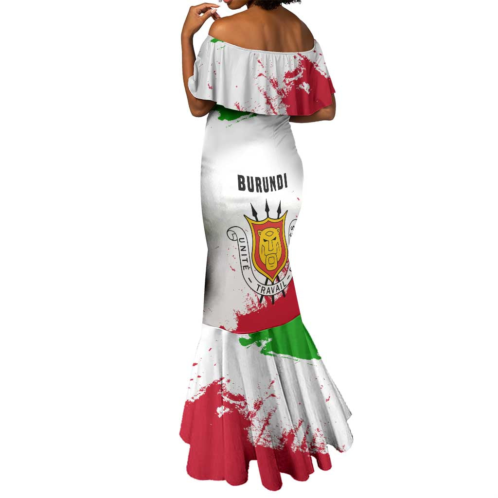 Burundi Flag Mermaid Dress with National Emblem and Motto Unité Travail Progres