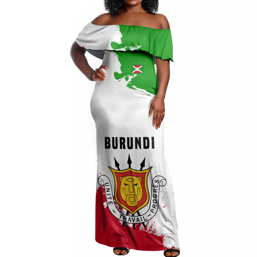 Burundi Flag Off Shoulder Maxi Dress with National Emblem and Motto Unité Travail Progres