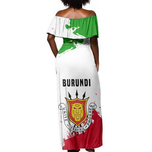 Burundi Flag Off Shoulder Maxi Dress with National Emblem and Motto Unité Travail Progres