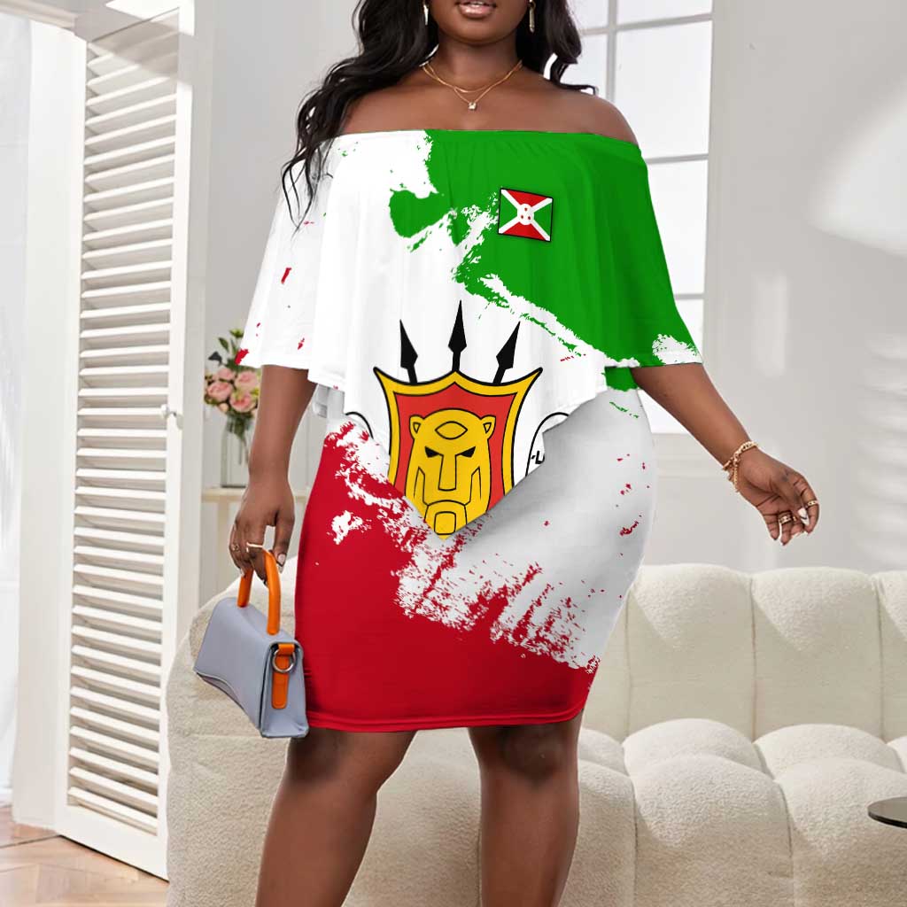 Burundi Flag Off Shoulder Short Dress with National Emblem and Motto Unité Travail Progres