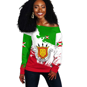 Burundi Flag Off Shoulder Sweater with National Emblem and Motto Unité Travail Progres