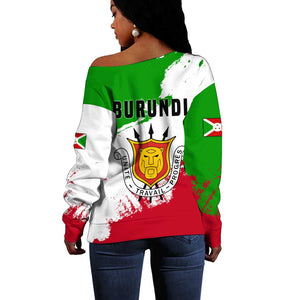 Burundi Flag Off Shoulder Sweater with National Emblem and Motto Unité Travail Progres