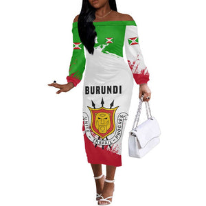 Burundi Flag Off The Shoulder Long Sleeve Dress with National Emblem and Motto Unité Travail Progres