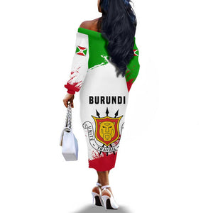 Burundi Flag Off The Shoulder Long Sleeve Dress with National Emblem and Motto Unité Travail Progres