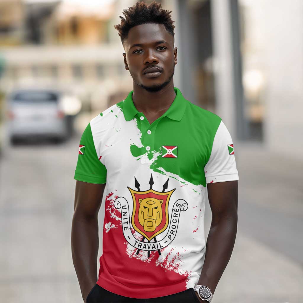 Burundi Flag Polo Shirt with National Emblem and Motto Unité Travail Progres