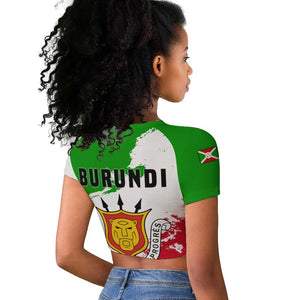 Burundi Flag Raglan Cropped T shirt with National Emblem and Motto Unité Travail Progres